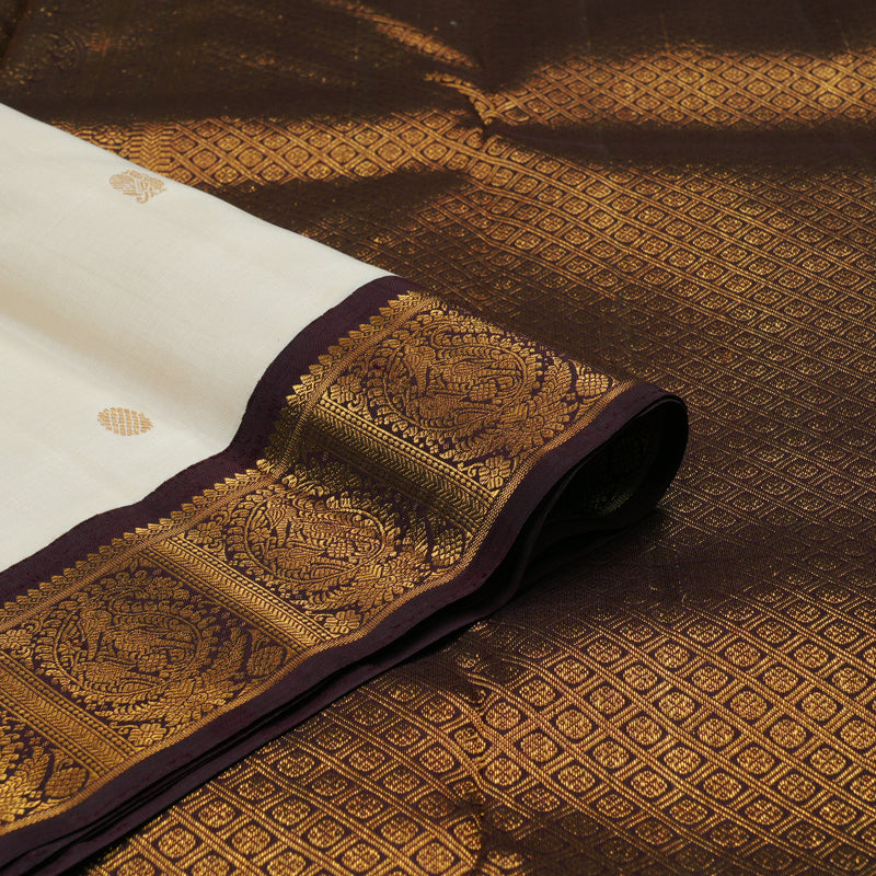 Hayagrivas Handloom Half White Kanjivaram Silk Saree with Deep Brown border HBE926K1-1