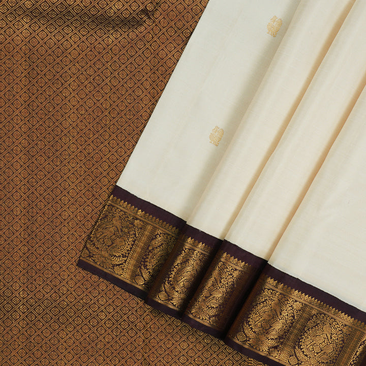 Hayagrivas Handloom Half White Kanjivaram Silk Saree with Deep Brown border HBE926K1-1