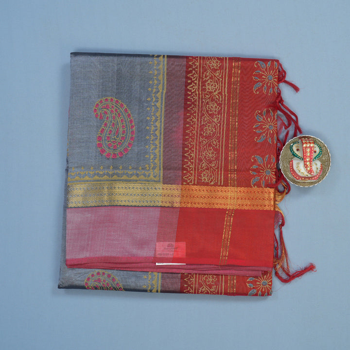 Hayagrivas Grey Pure Printed Silk Cotton Saree HBF62D1-2