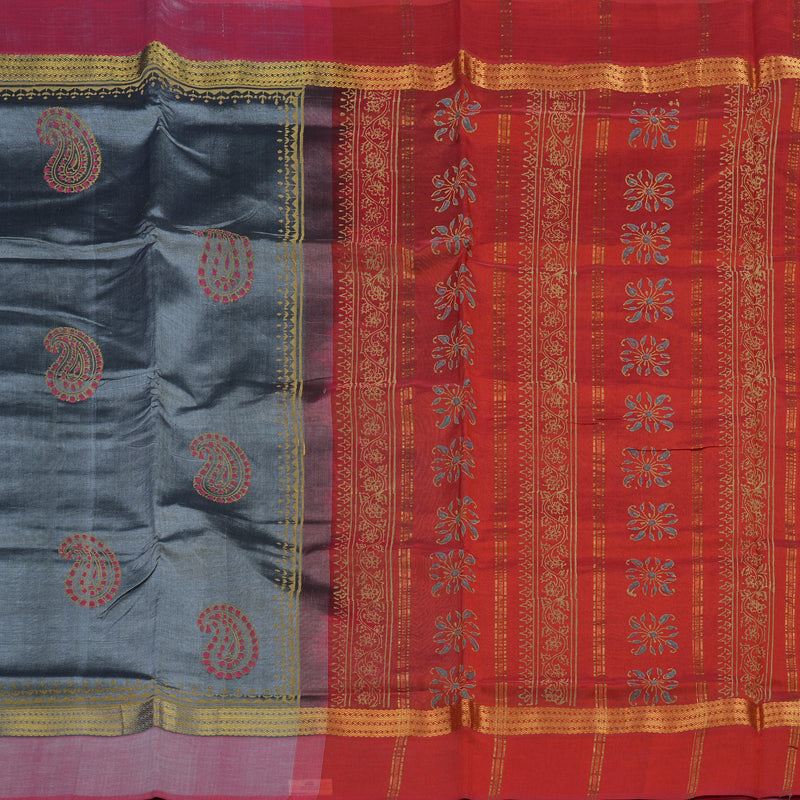 Hayagrivas Grey Pure Printed Silk Cotton Saree HBF62D1-2