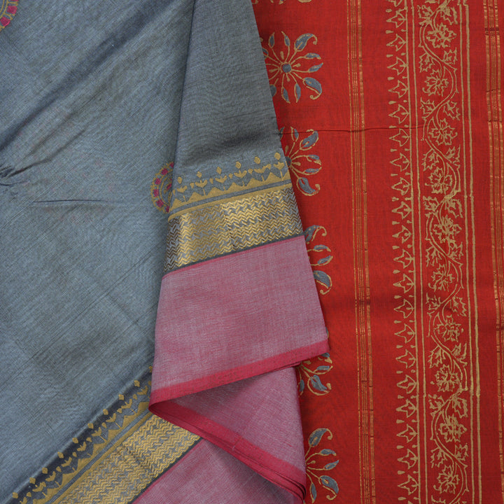 Hayagrivas Grey Pure Printed Silk Cotton Saree HBF62D1-2