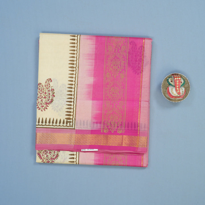 Hayagrivas Ivory Pure Printed Silk Cotton Saree HBF62D1-3