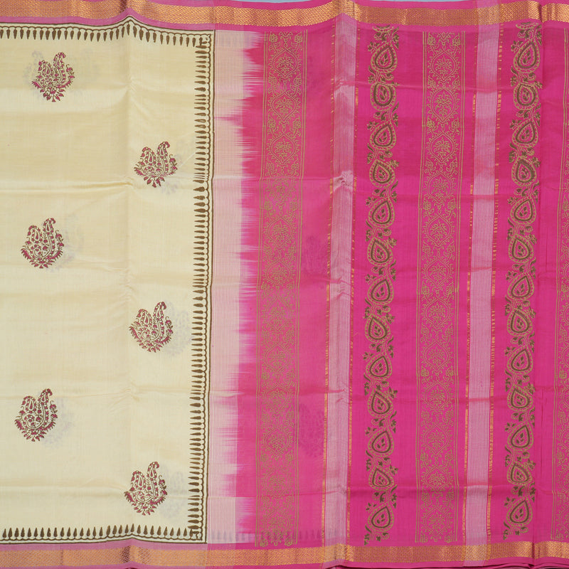 Hayagrivas Ivory Pure Printed Silk Cotton Saree HBF62D1-3