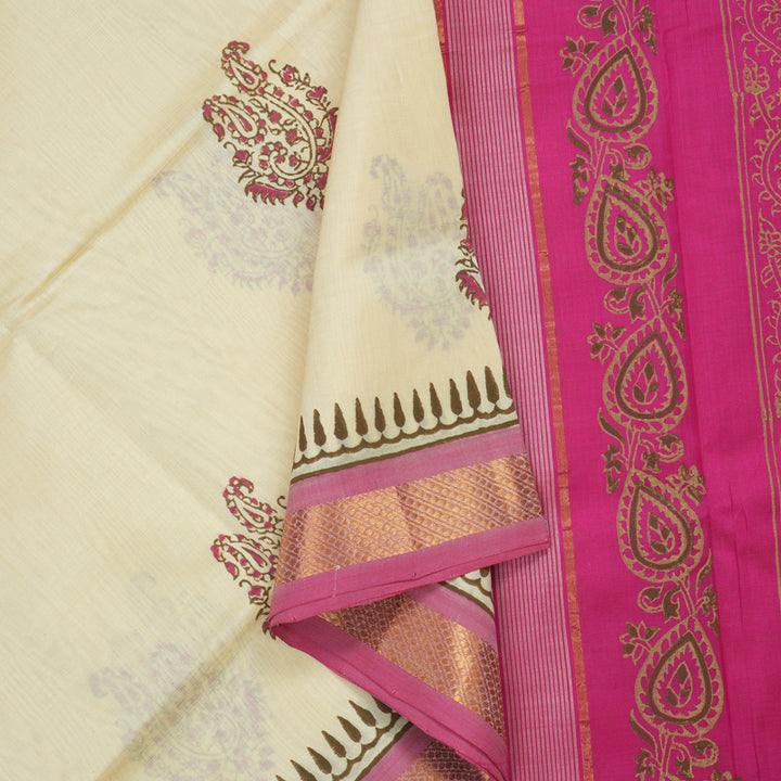 Hayagrivas Ivory Pure Printed Silk Cotton Saree HBF62D1-3