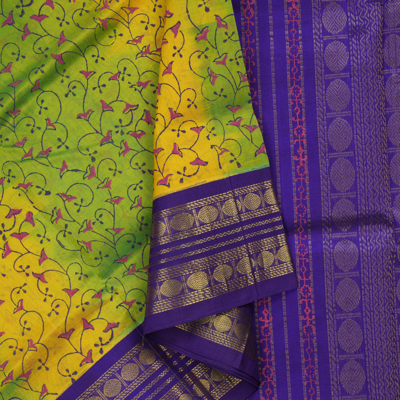 Hayagrivas Fluoresecent Green & Yellow Pure Printed Silk Cotton Saree HBF62D4-7