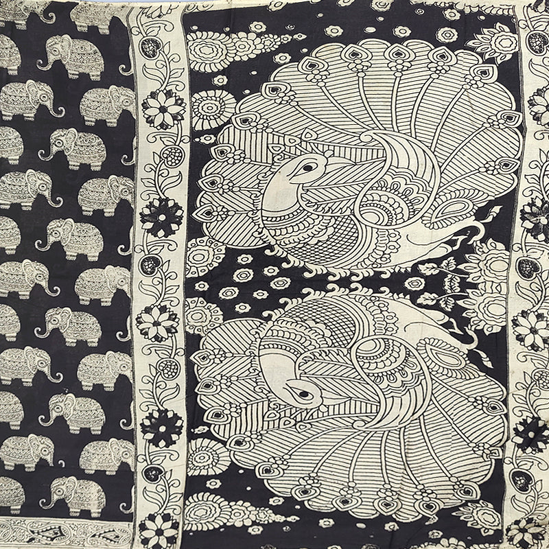 Hayagrivas Beige &amp; Black Kalamkari Cotton Saree SSCBF73E1-10