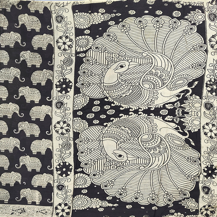 Hayagrivas Beige &amp; Black Kalamkari Cotton Saree SSCBF73E1-10