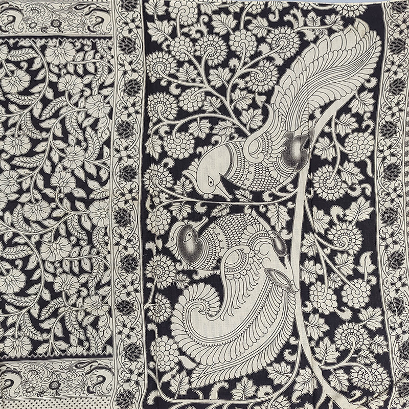 Hayagrivas Beige &amp; Black Kalamkari Cotton Saree SSCBF15D10-31