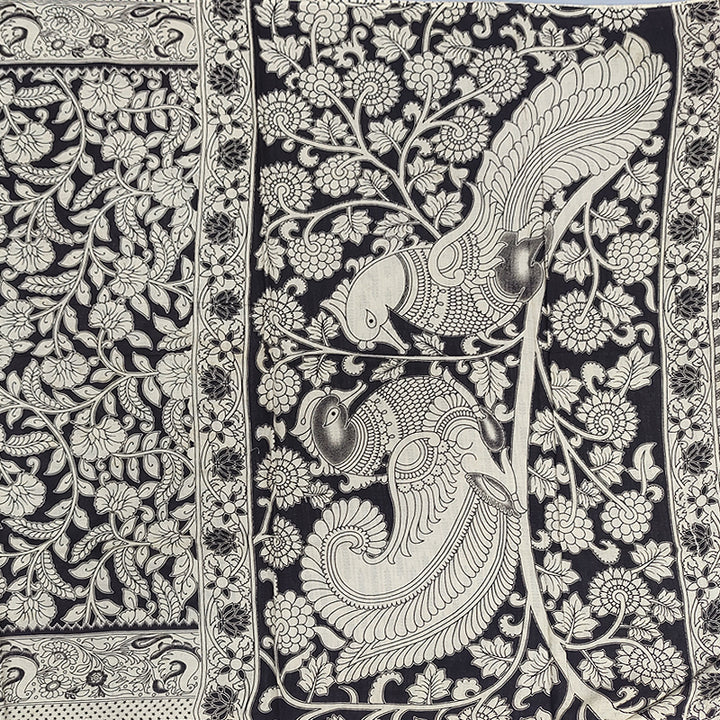 Hayagrivas Beige &amp; Black Kalamkari Cotton Saree SSCBF15D10-31
