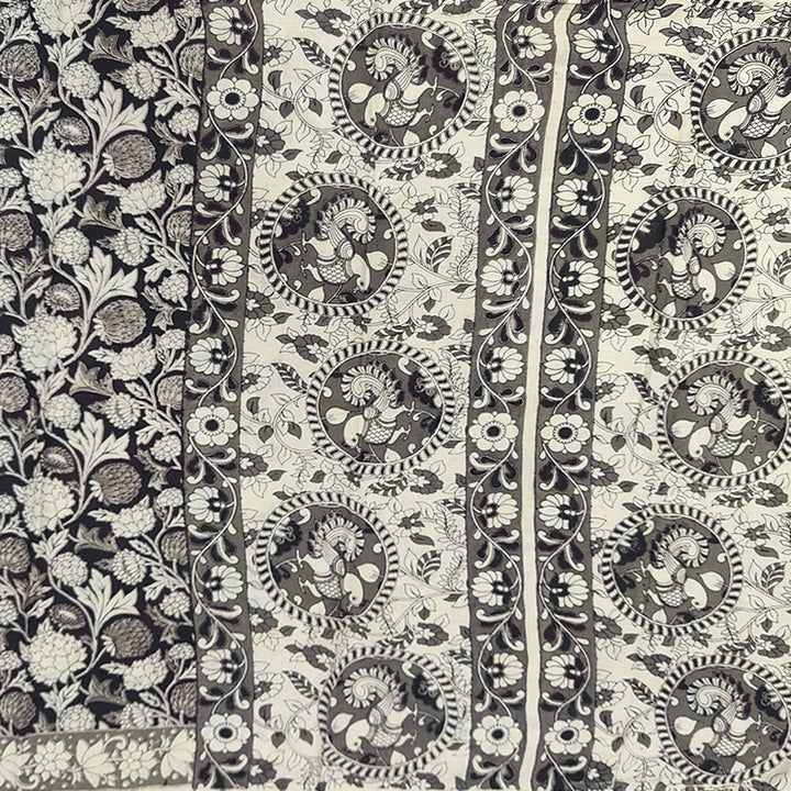 Hayagrivas Beige &amp; Black Kalamkari Cotton Saree SSCBF15D10-30