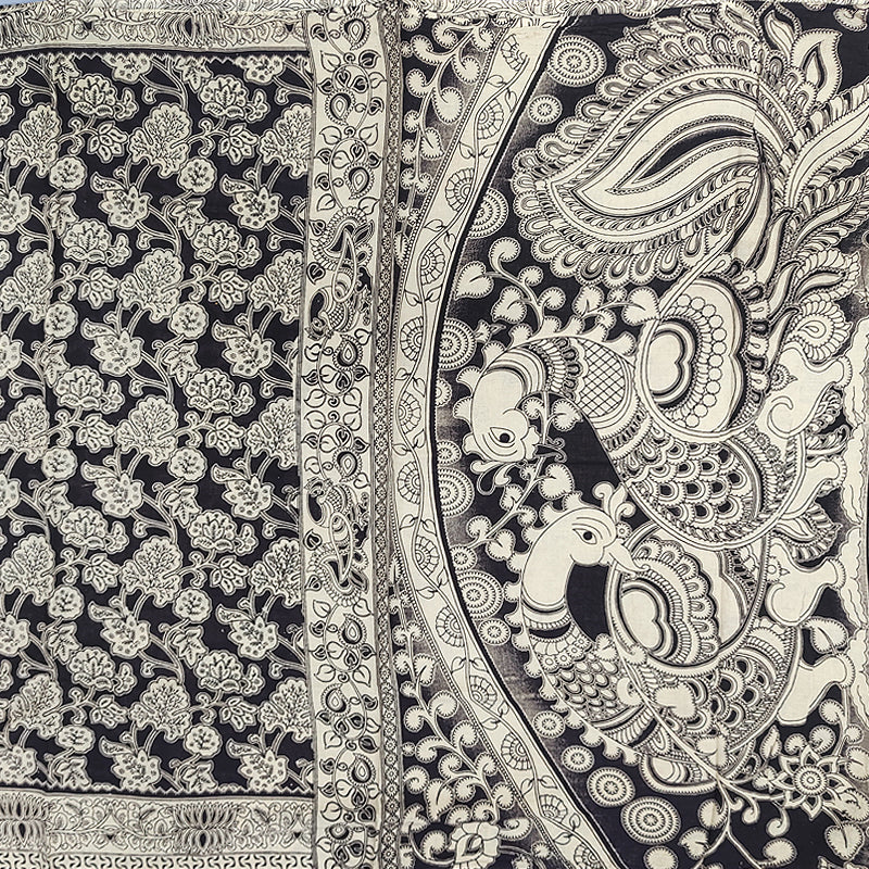 Hayagrivas Beige &amp; Black Kalamkari Cotton Saree SSCBF15D10-42
