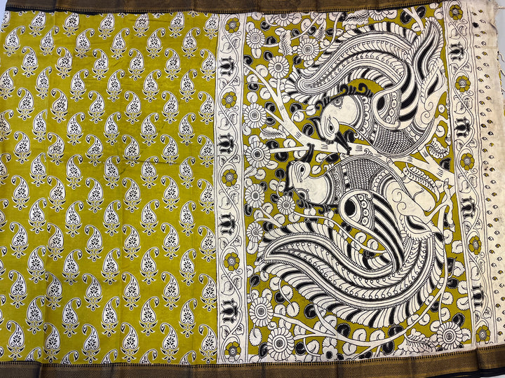 Hayagrivas Lime Green & Blue Kalamkari Sarees