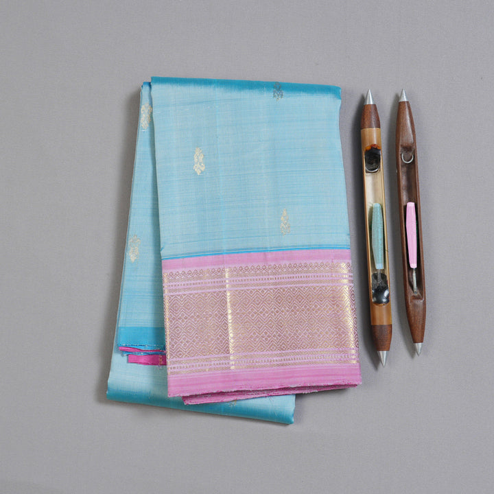 Hayagrivas Sky Blue Handloom Kanjivaram Silk Saree with Rose Pink Border KBD1502L1-3