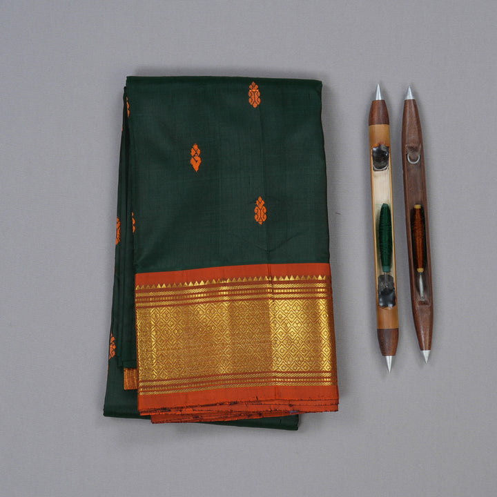 Hayagrivas Stunning Bottle Green Handloom Kanjivaram Silk Saree with Burnt Orange Border KBD1502L1-4