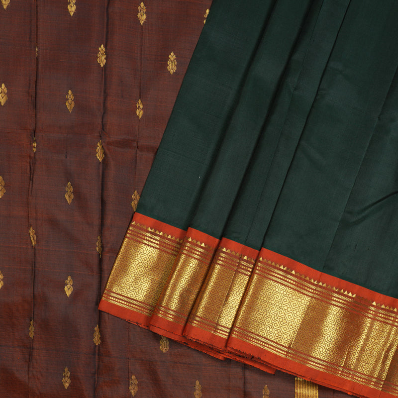 Hayagrivas Stunning Bottle Green Handloom Kanjivaram Silk Saree with Burnt Orange Border KBD1502L1-4