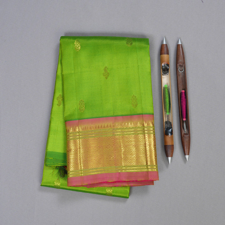 Hayagrivas Parrot Green Handloom Kanjivaram Silk Saree with Pink Border KBD1502L1-8