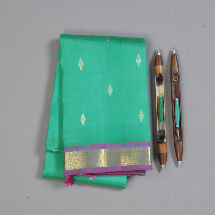 Hayagrivas Sea Green Handloom Kanjivaram Silk Saree with Pink Border KBD1502L2-4