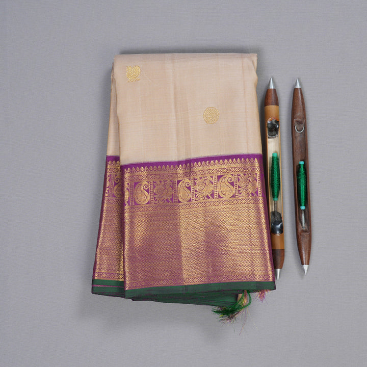 Hayagrivas Sandal Beige Handloom Kanjivaram Silk Saree with Dark Purple Border KBD1505A1-4