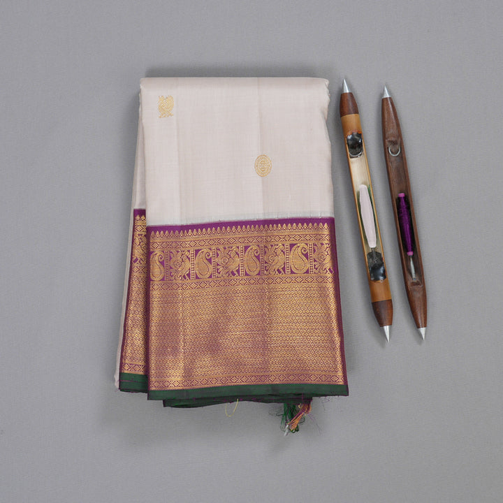 Hayagrivas Beige Handloom Kanjivaram Silk Saree with Purple Border KBD1505A1-6