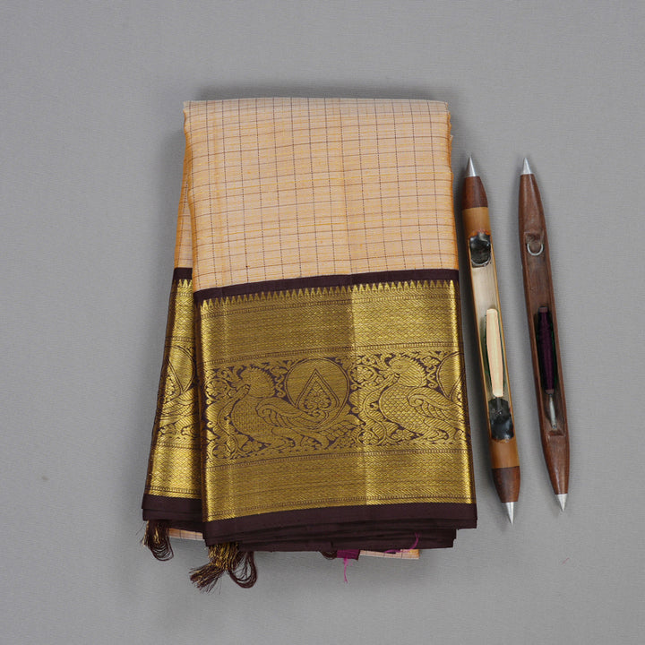 Hayagrivas Sandal Beige Handloom Kanjivaram Silk Saree with Dark Brown Border KBD1505A2-3