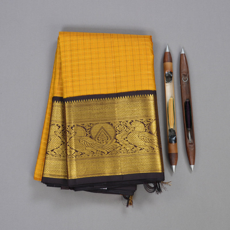 Hayagrivas Mustard Handloom Kanjivaram Silk Saree with Dark Brown Border KBD1505A2-4
