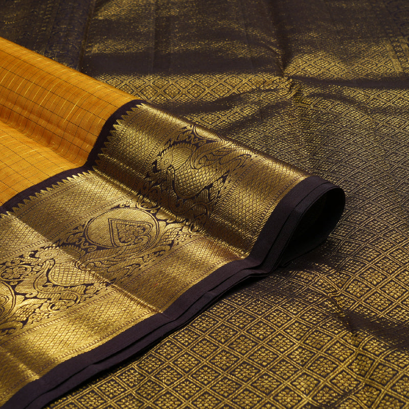 Hayagrivas Mustard Handloom Kanjivaram Silk Saree with Dark Brown Border KBD1505A2-4