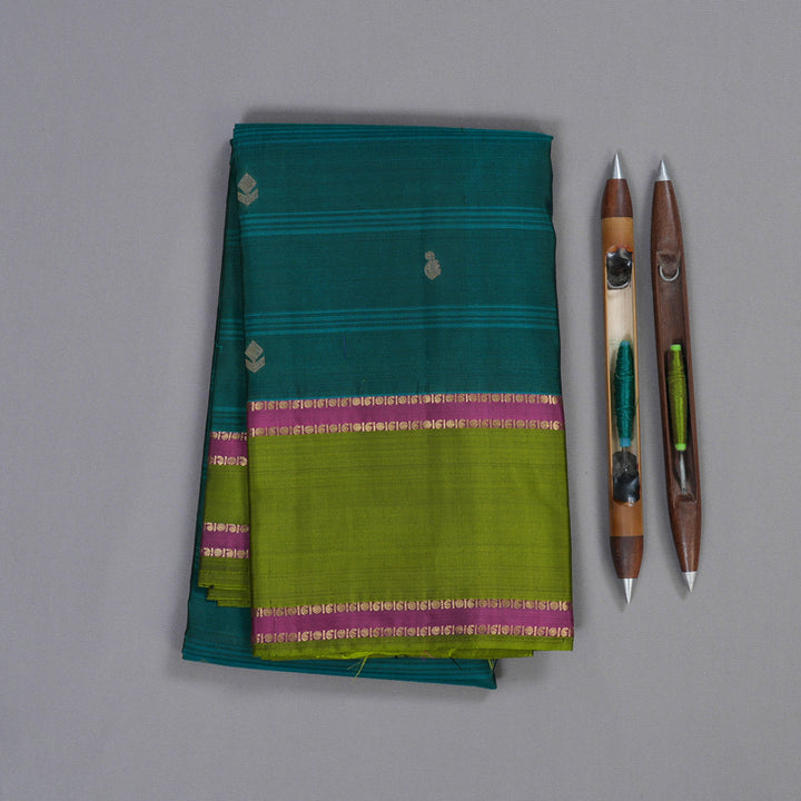 Hayagrivas Dark Sky Blue Handloom Kanjivaram Silk Saree with Dark Leaf Green Border KBD1506A2-38