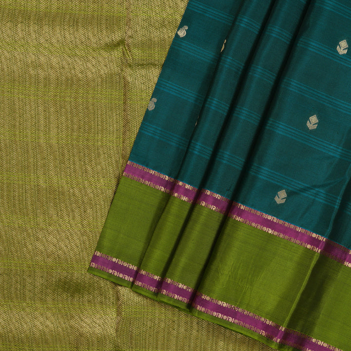 Hayagrivas Dark Sky Blue Handloom Kanjivaram Silk Saree with Dark Leaf Green Border KBD1506A2-38