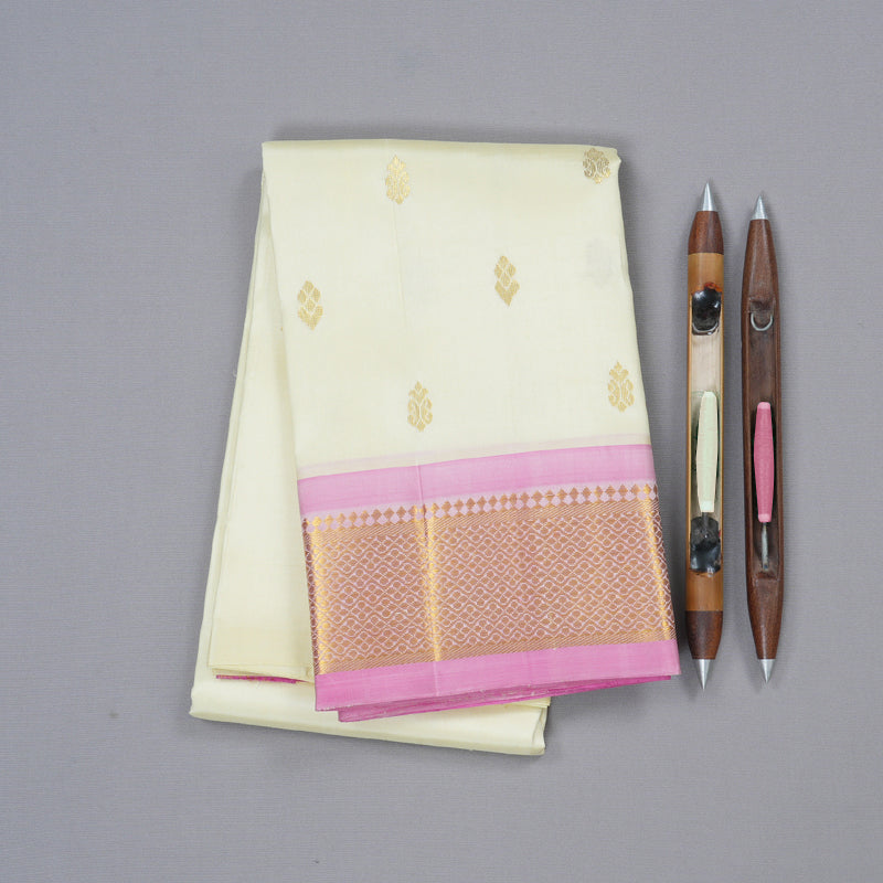 Hayagrivas White Handloom Kanjivaram Silk Saree with Baby Pink Border-KBD1515A2-1