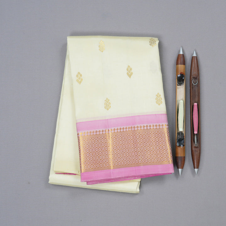 Hayagrivas White Handloom Kanjivaram Silk Saree with Baby Pink Border-KBD1515A2-1