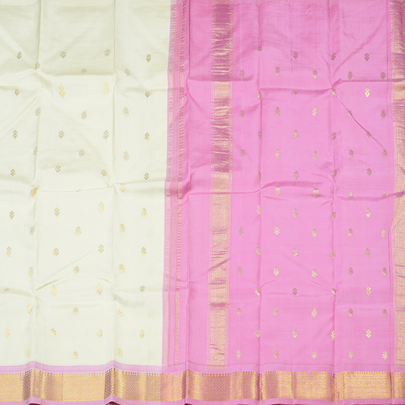 Hayagrivas White Handloom Kanjivaram Silk Saree with Baby Pink Border-KBD1515A2-1