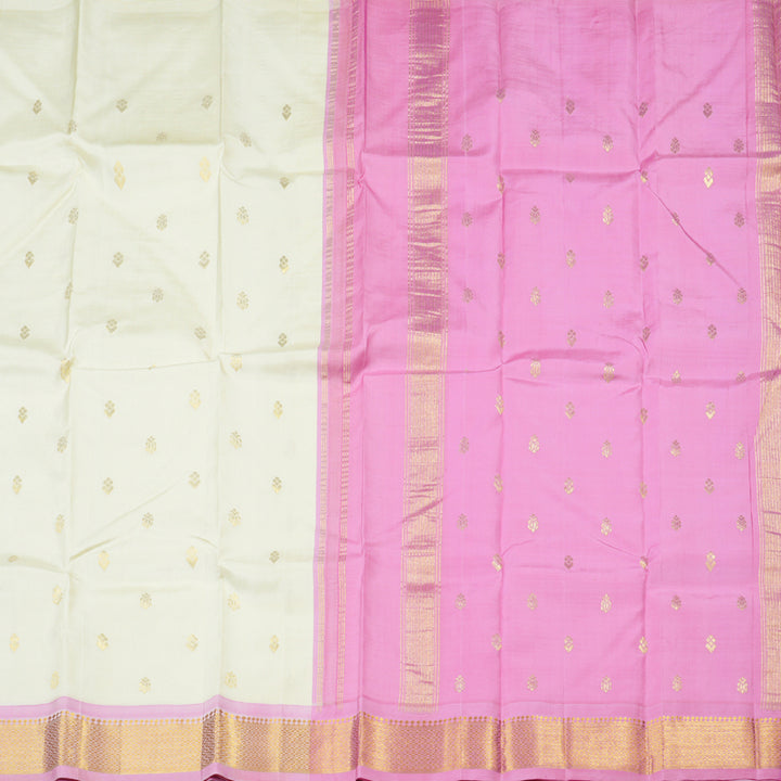 Hayagrivas White Handloom Kanjivaram Silk Saree with Baby Pink Border-KBD1515A2-1