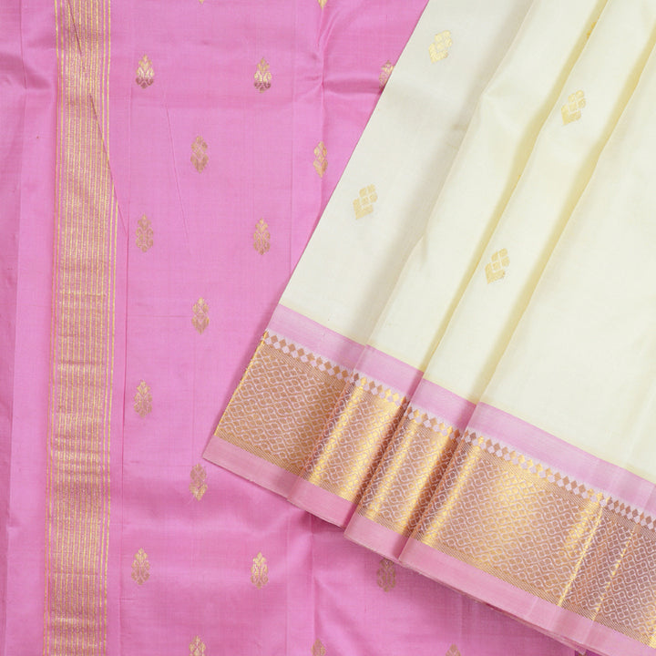 Hayagrivas White Handloom Kanjivaram Silk Saree with Baby Pink Border-KBD1515A2-1