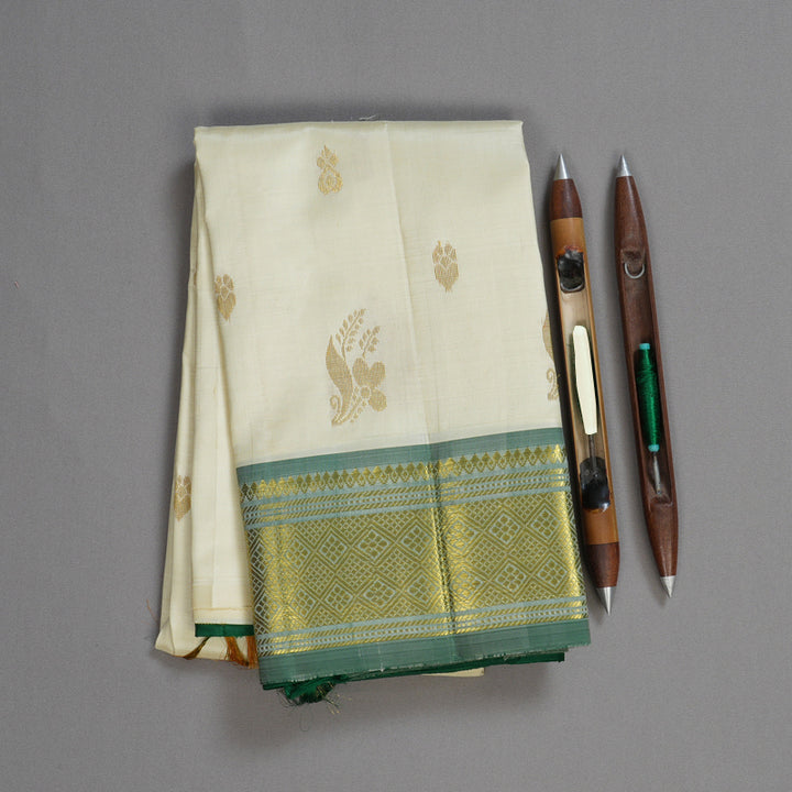 Hayagrivas Elegant Half White Handloom Kanjivaram Silk Saree with Dark Green Border KBD1515A3-15