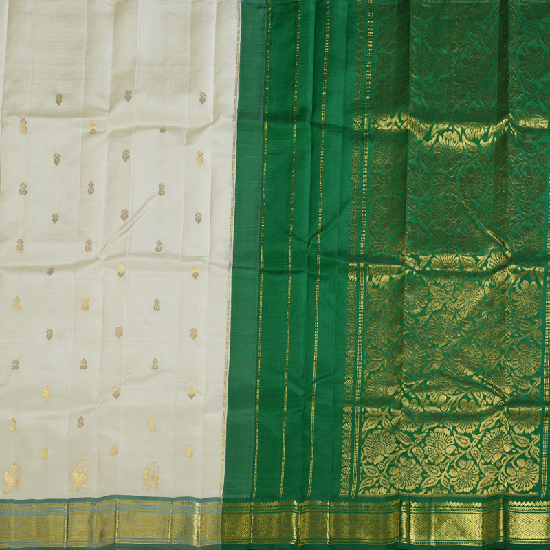 Hayagrivas Elegant Half White Handloom Kanjivaram Silk Saree with Dark Green Border KBD1515A3-15