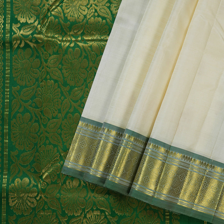 Hayagrivas Elegant Half White Handloom Kanjivaram Silk Saree with Dark Green Border KBD1515A3-15