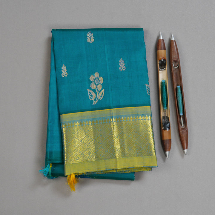 Hayagrivas Blue Handloom Kanjivaram Silk Saree with Dual Tone Yellow With Sky Blue Border KBD1515A3-21