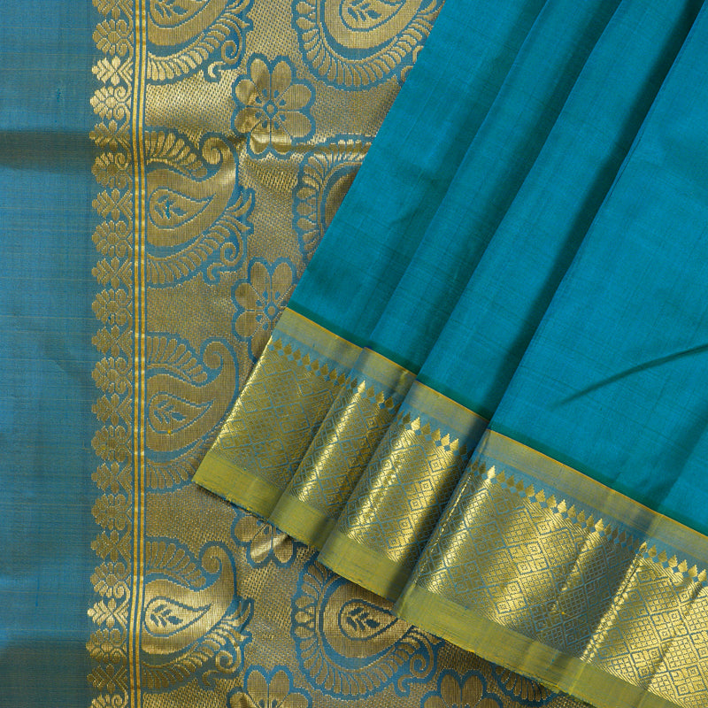 Hayagrivas Blue Handloom Kanjivaram Silk Saree with Dual Tone Yellow With Sky Blue Border KBD1515A3-21