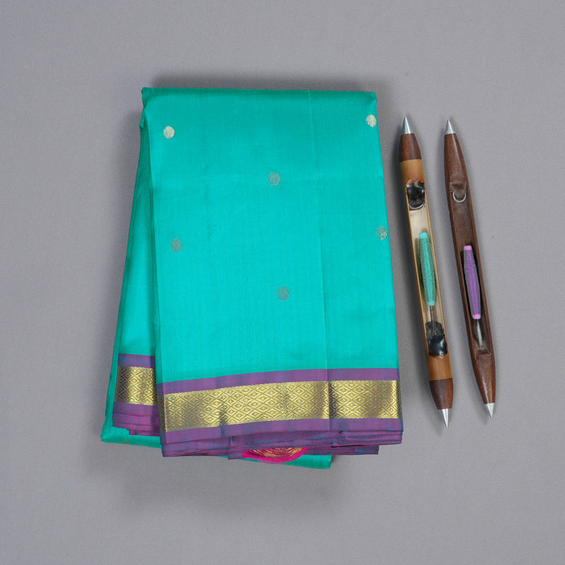 Hayagrivas Sea Blue Handloom Kanjivaram Silk Saree with Purple Border KBD1515A4-23