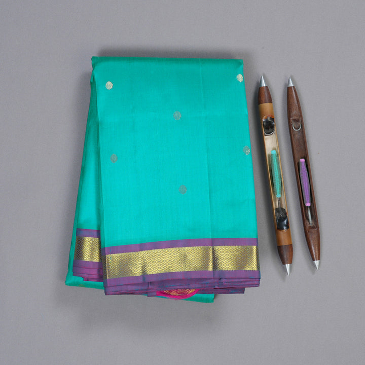 Hayagrivas Sea Blue Handloom Kanjivaram Silk Saree with Purple Border KBD1515A4-23