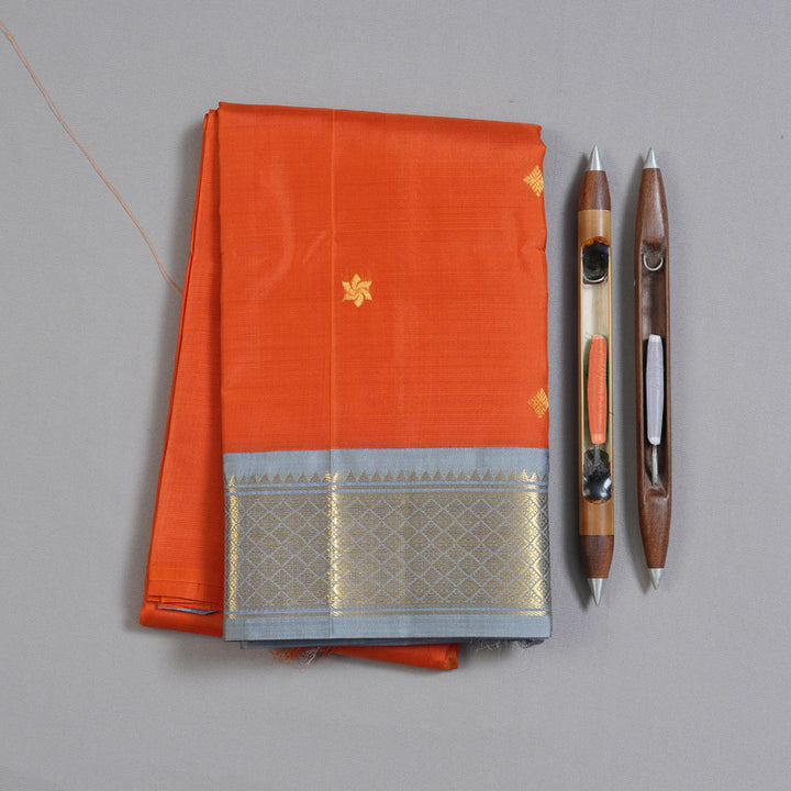 Hayagrivas Dark Orange Handloom Kanjivaram Silk Saree with Silver Grey Border KBD1515A5-45