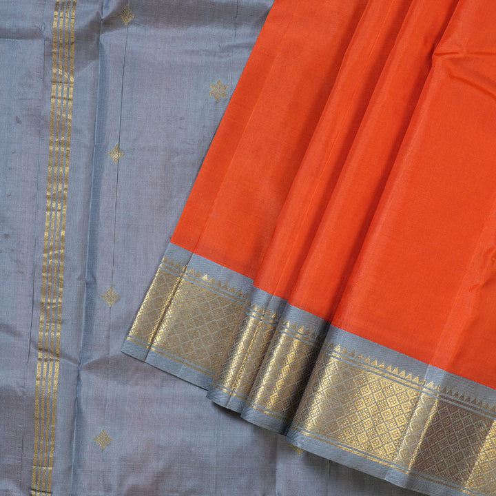 Hayagrivas Dark Orange Handloom Kanjivaram Silk Saree with Silver Grey Border KBD1515A5-45