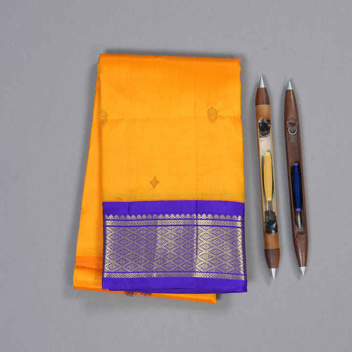 Hayagrivas Mango Yellow Handloom Kanjivaram Silk Saree with Purplish Blue Border KBD1515A5-48