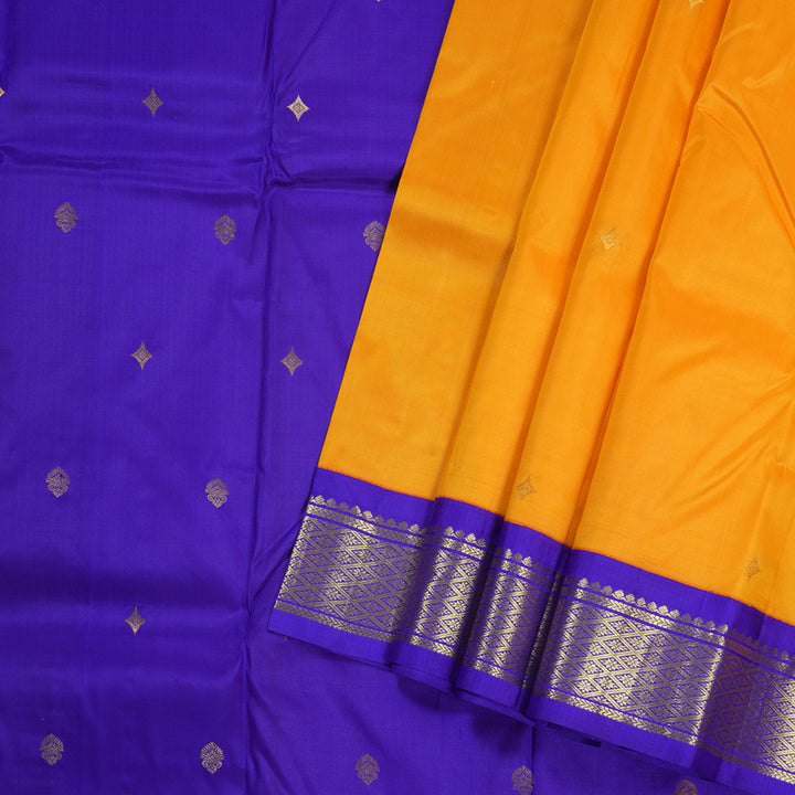 Hayagrivas Mango Yellow Handloom Kanjivaram Silk Saree with Purplish Blue Border KBD1515A5-48