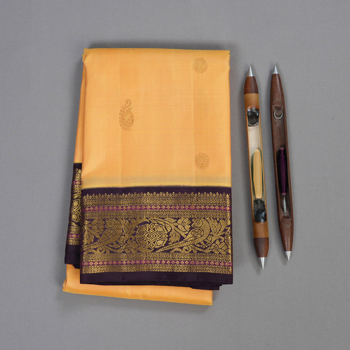 Hayagrivas Sandal Yellow Handloom Kanjivaram Silk Saree with Dark Purple Border KBD1518A6-1