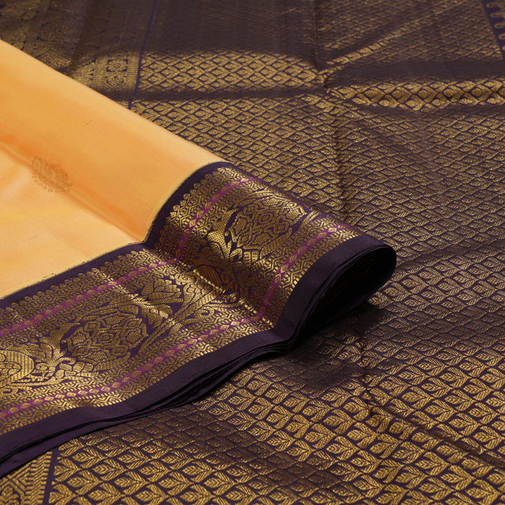 Hayagrivas Sandal Yellow Handloom Kanjivaram Silk Saree with Dark Purple Border KBD1518A6-1