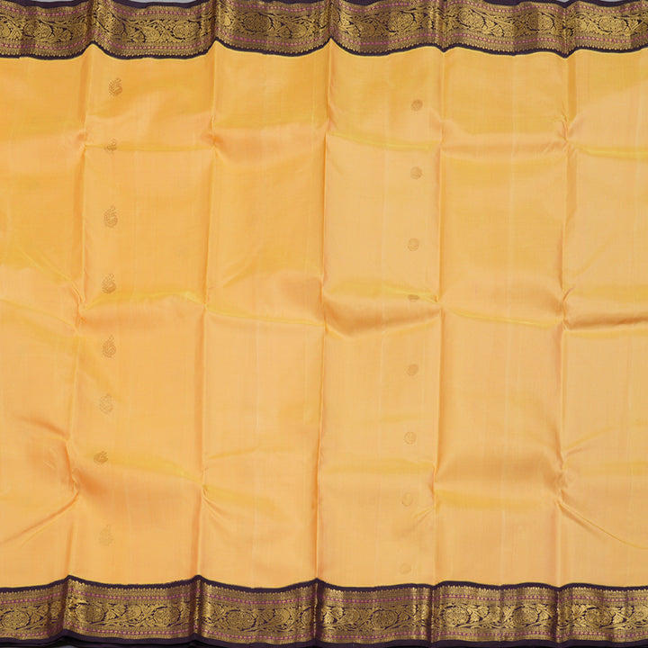 Hayagrivas Sandal Yellow Handloom Kanjivaram Silk Saree with Dark Purple Border KBD1518A6-1