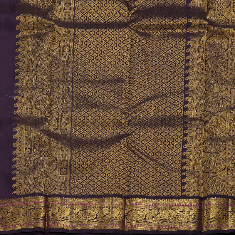 Hayagrivas Sandal Yellow Handloom Kanjivaram Silk Saree with Dark Purple Border KBD1518A6-1