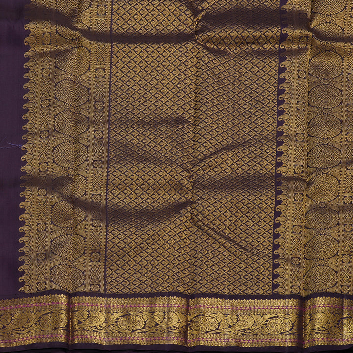 Hayagrivas Sandal Yellow Handloom Kanjivaram Silk Saree with Dark Purple Border KBD1518A6-1
