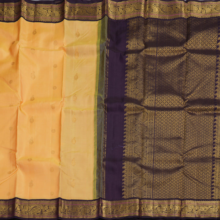 Hayagrivas Sandal Yellow Handloom Kanjivaram Silk Saree with Dark Purple Border KBD1518A6-1